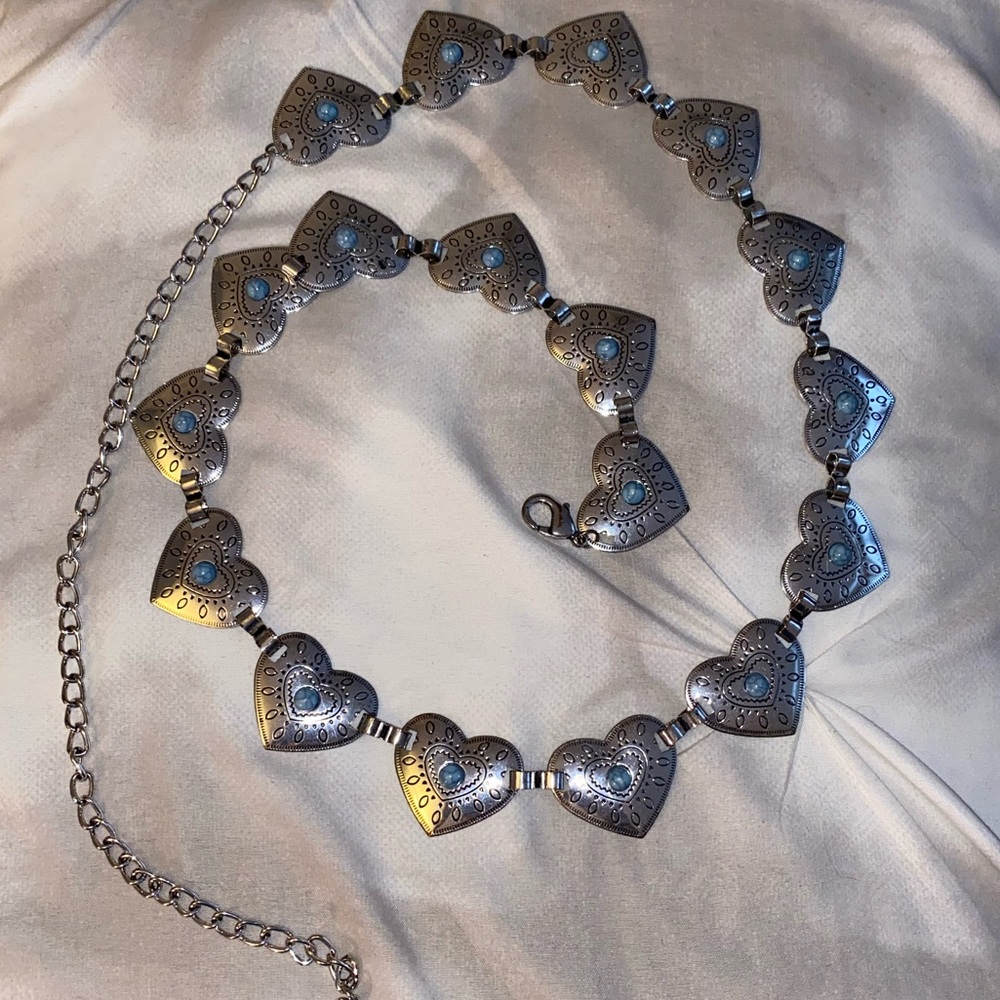 Silver and blue heart chain belt